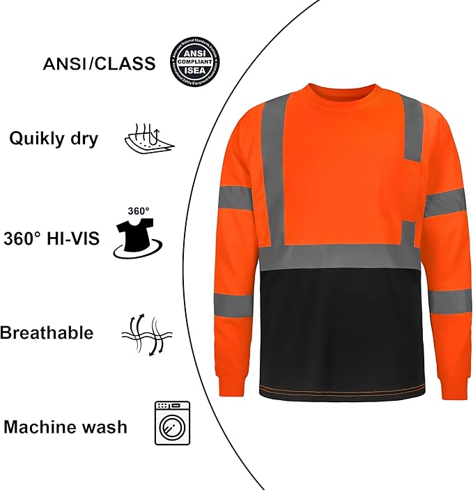 High Visibility Class 3 T Shirts，Hi Vis Safety Shirts with Reflective Strips and Pocket, Long Sleeve Quick Dry Mesh Construction Work Shirt for Men/Women Black Bottom Orange,XL