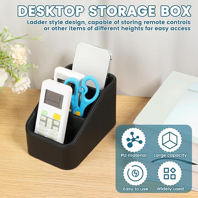 PU Remote Control Holder, Small Desk Organizer Office Supply Bedside Caddy for Nightstand End Table Remote Organizer with 3/4 Compartment (Black)(3 grids)
