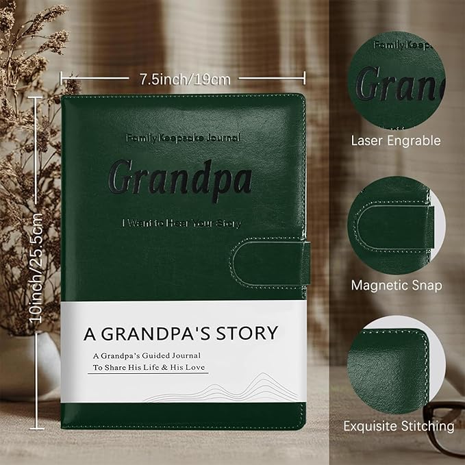 Artmag Grandpa's Life Story Journal with 250+ Prompt Questions, Family Keepsake Book Leather Cover for Grandpa to Share His Memories for Birthday Father's Day Christmas (Dark Green)