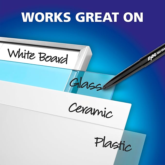 EXPO Wet Erase Markers, Semi-Permanent, Assorted Colors, Fine Tip, 8 Count - For Writing on Glass, Whiteboards, Mirrors, Calendar, Labeling, Organizing