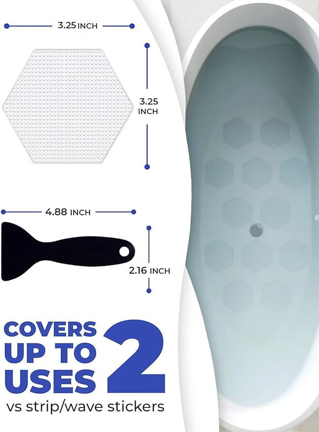 Anti-Slip Shower Stickers for Tub & Shower Floor — Original Clear Hex Non-Slip Bathtub Stickers, 24 Pack 3.25”, Micro-Pyramid Grip, Scraper Included, Easy Apply