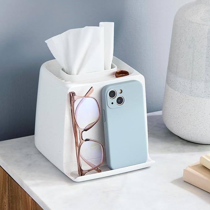 YouCopia The Ledge Tissue Holder, Cube, Square Box Cover with Storage for Phones, Jewelry, Makeup and Accessories for Night Stand, Desk and Bathroom Organization