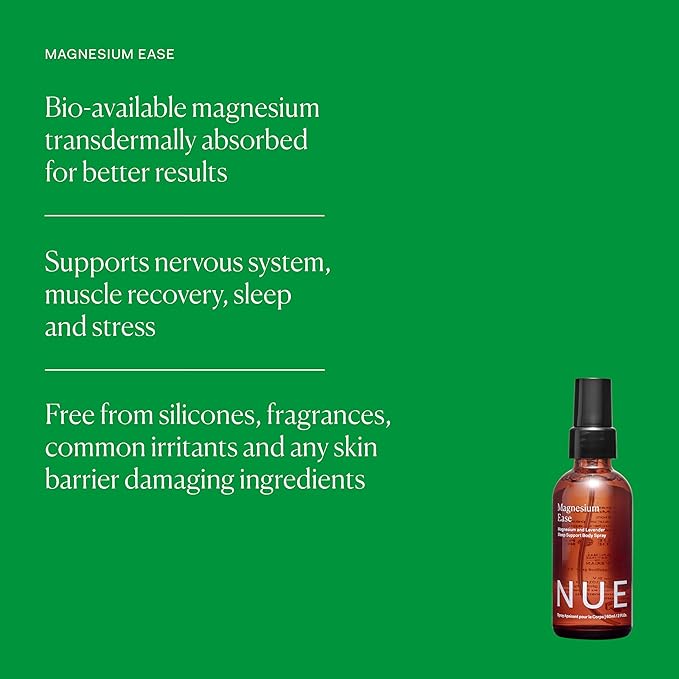 The Nue Co Magnesium Ease Skin Spray for Muscle Pain & Tension Relief with Lavender & Arnica Oil High Absorption Sports Recovery & Sleep Vegan, Paraben-Free, Non-Toxic, 60ml