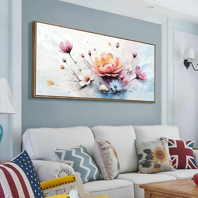 amatop Large Framed Floral Wall Art | Elegant Abstract Pink & Blue Bloom Bouquet – Daisy Peony Botanical Wall Art for Living Room, Bedroom & Dining Room (48x24 Inch)