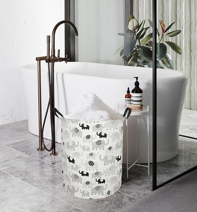 19.7" Round Canvas Large Clothes Basket Laundry Hamper with Handles,Waterproof Cotton Storage Organizer Perfect for Kids Boys Girls Toys Room, Bedroom, Nursery,Home,Gift Basket(elephant)