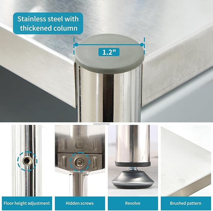 susunnus 4-Tier Stainless Steel Shelf, Heavy Duty Shelving for Kitchen, Garage, Industrial Storage, Kitchen Shelves Adjustable Feet, Easy to Clean(35.8in*15,8in Without Guardrails)