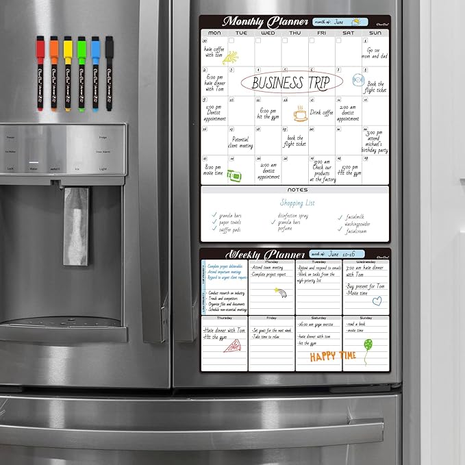 Magnetic Dry Erase Monthly Calendar Set - 15.5"x13" Monthly and 8.5"x13" Weekly Planning Board for Fridge - 6 Extra Fine Point Markers Included - Shipped Flat