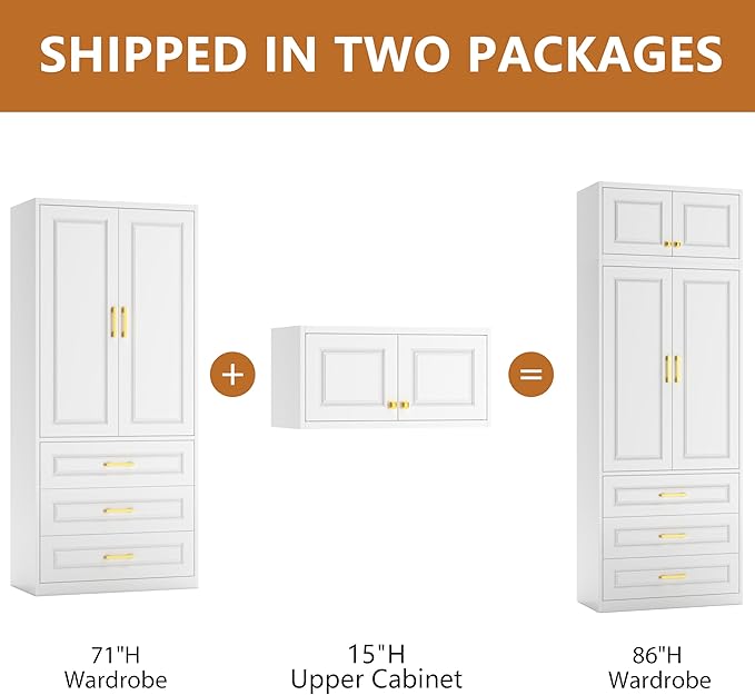 Metal Wardrobe Armoire with Three Drawers, 86“ Tall Wardrobe Closet with Hanging Rod, Freestanding Storage Closet with Doors and Shelves for Bedroom, White, Assemble Required