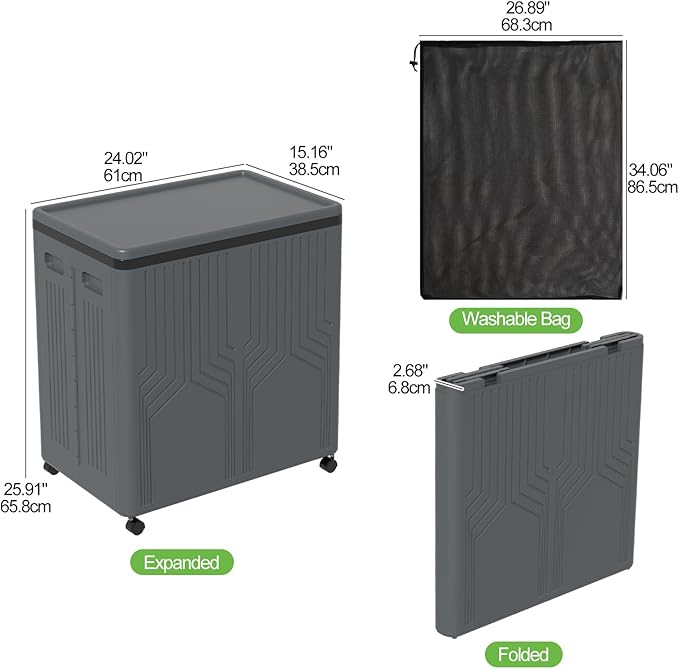 120 L Double Plastic Laundry Hamper with Wheels, Collapsible 2 Section Laundry Hamper with Lid, Grey