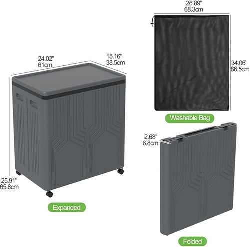 120 L Double Plastic Laundry Hamper with Wheels, Collapsible 2 Section Laundry Hamper with Lid, Grey