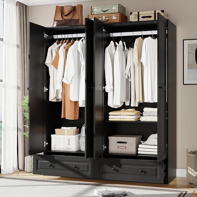 Armoire Wardrobe Closet with Drawers: 74" Black Tall Wooden Wardrobe Closet for Hanging Clothes, Large Bedroom Armoires with 2 Drawers, 4 Door Armoire Storage Cabinet (Black, 63")