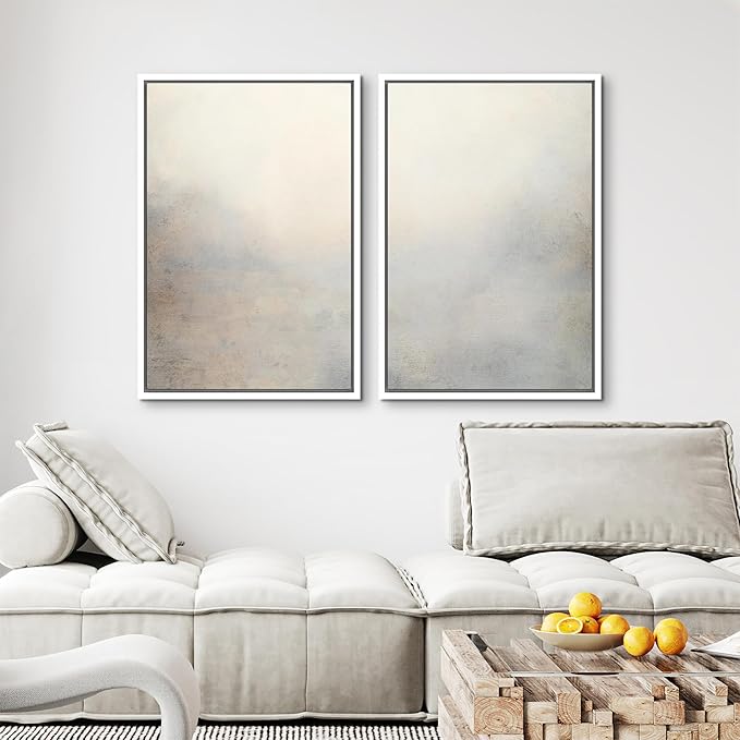 MUDECOR Framed Canvas Print Wall Art Soft Gradient Abstract Misty Landscape Illustrations Modern Art Decorative Bohemian Colorful Chic for Living Room, Bedroom, Office - 16"x24"x2 White