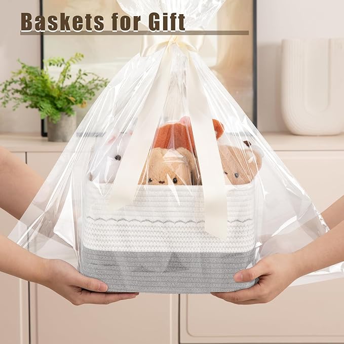 4 Pack Storage Baskets for Organizing, 13"X9"X7.87", Decorative Cotton Rope Baskets with Wave-Patterned Embroidery for Shelves, Small Woven Basket for Toys, Books and Towels, Grey & White