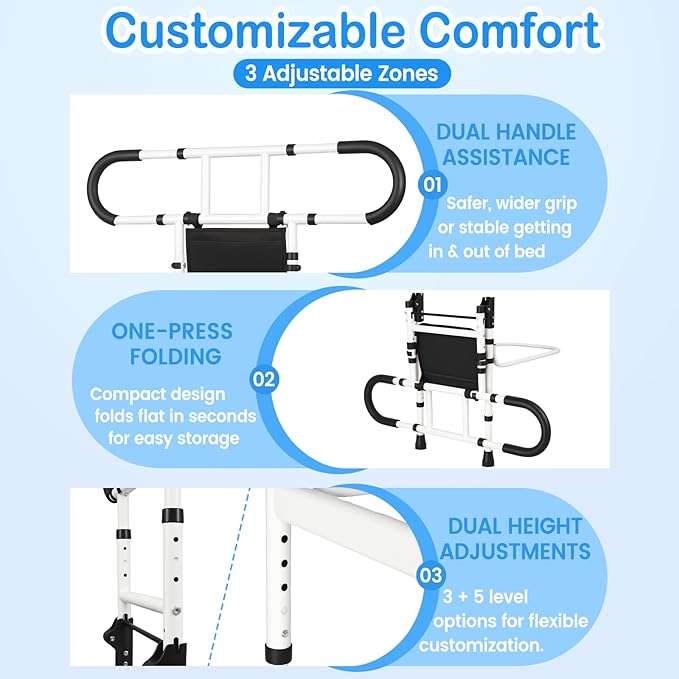 Bed Rails for Elderly Adults Safety, Bed Cane for Seniors, Adjustable Height Grab Bar Handrails with 2 Ergonomic Handles and Storage Pocket, Support up to 300 lbs, 180° Foldable Assist Rail