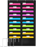 Godery Folder Pocket Chart (Black), Cascading Wall Organizer for School, Classroom, Home or Office Use, 20 Pocket Chart Hanging Wall Organizer with 4 Hangers