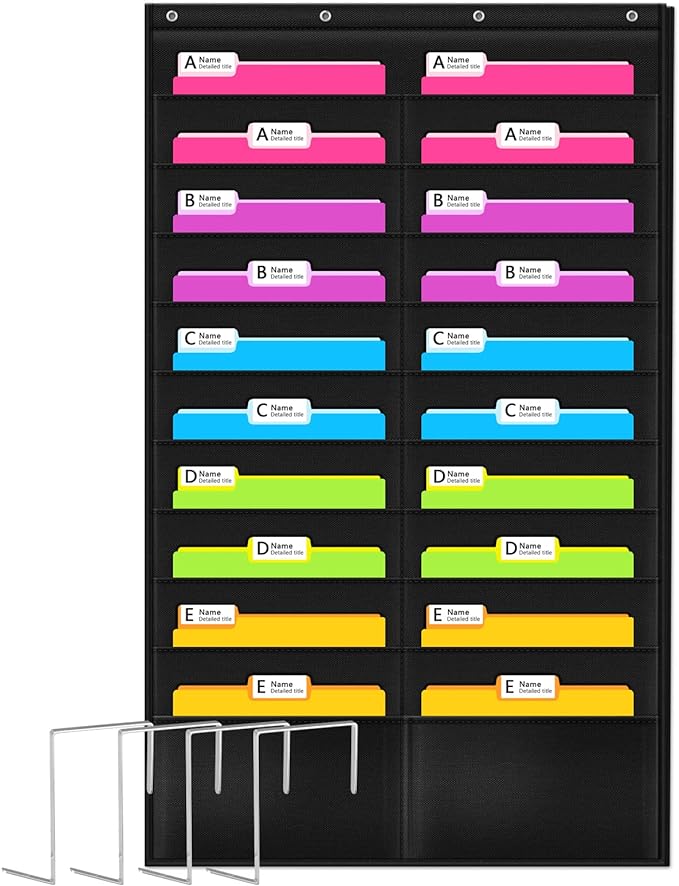 Godery Folder Pocket Chart (Black), Cascading Wall Organizer for School, Classroom, Home or Office Use, 20 Pocket Chart Hanging Wall Organizer with 4 Hangers