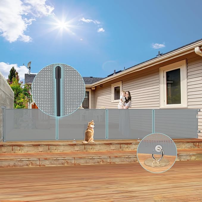 200'' Retractable Baby Gates Extra Wide,34" Tall Retractable Dog Gate for Doorways, Stairs, Hallways, Decks, Garage,16 FT Indoor/Outdoor Grey Retractable Gate with Fiberglass Reinforcement Rods