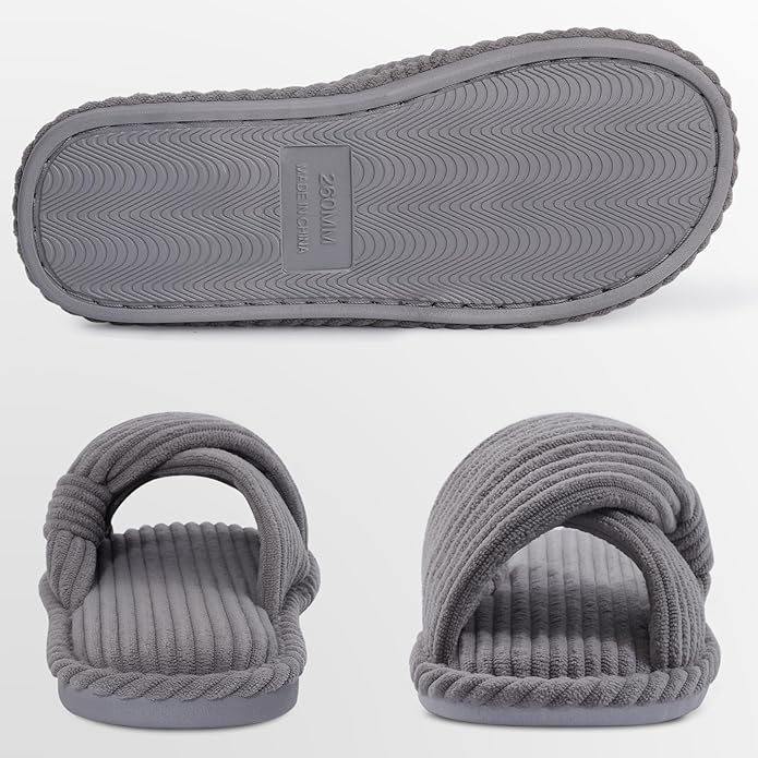 Evshine Fall House Slippers for Women Corduroy Cross Bow Indoor Slippers Open Toe Slip On Bedroom Shoes with Memory Foam