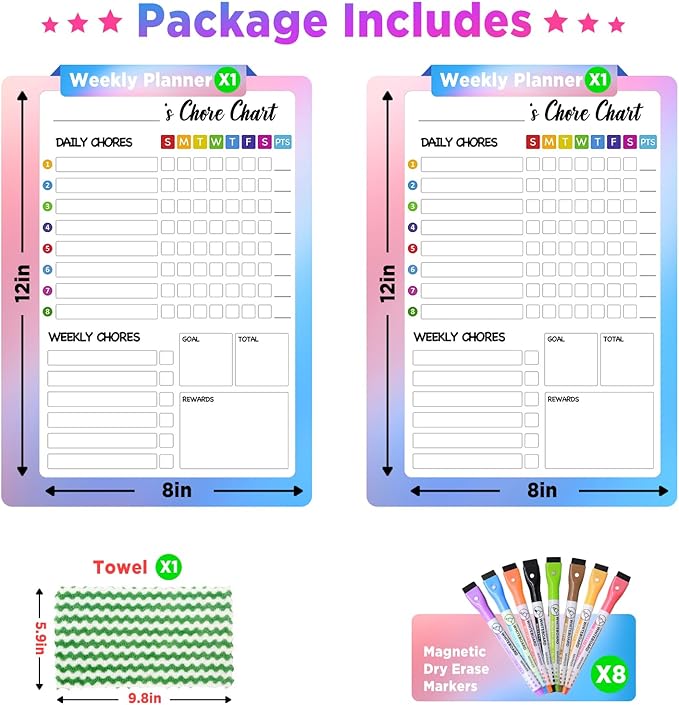 Chore Chart for Kids with 8 Markers, 2 Pack 8"x12" Chore Chart for Kids Multiple Kids, Behavior Chart for Kids at Home, Responsibility Chart for Kids/Teens/Adults, Magnetic White Chore Board