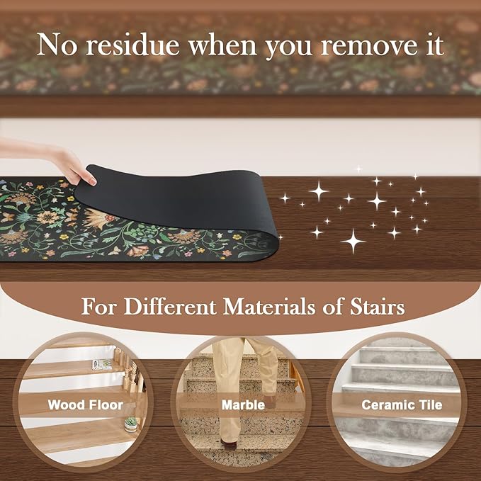 OJIA Floral Stair Treads Non-Slip Stair Runner for Wooden Steps Indoor 15PCS 30"x8" Carpet Stair Treads Stair Mats Staircase Step Treads for Kids, Elders and Dogs, Stair Covers, Black