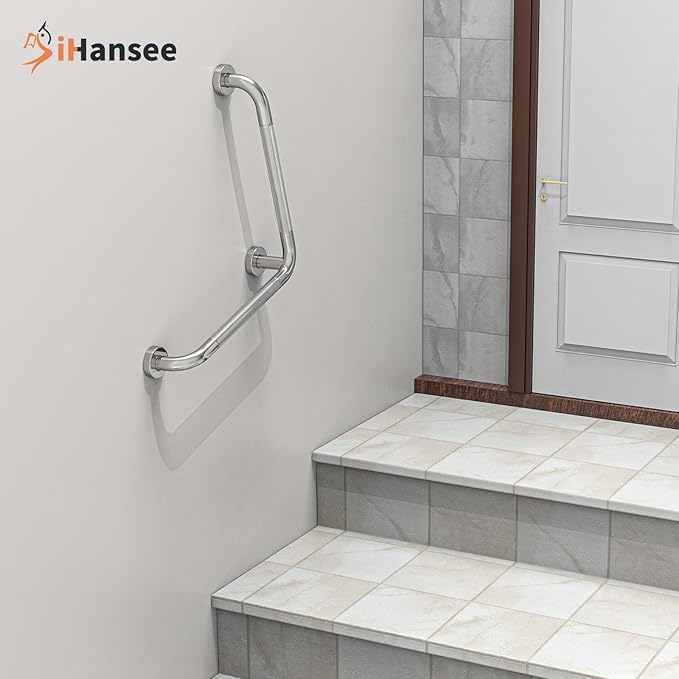 L-Shaped Angled Grab Bar 16x16 Inch Chrome Anti-slip Knurled Shower Handle Wall Mount, Stainless Steel Shower Bars Safety for Seniors Injured Balance Support, Handicap Grab Bars for Bathtubs & Showers