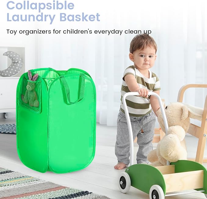 HOUSE AGAIN Upgraded Pop-up Laundry Hamper, Collapsible Laundry Basket with Durable Handles Solid Bottom High Steel Frame, Portable Foldable Dirty Clothes for Dorm, Laundry room Travel, Green