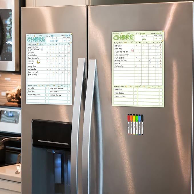 Magnetic Dry Erase Chore Chart - 8.5"x12" Behavior Responsibility Chore Board for Kids, Teenagers - 6 Extra Fine Point Markers Included - Shipped Flat 2 Pcs Blue & Green