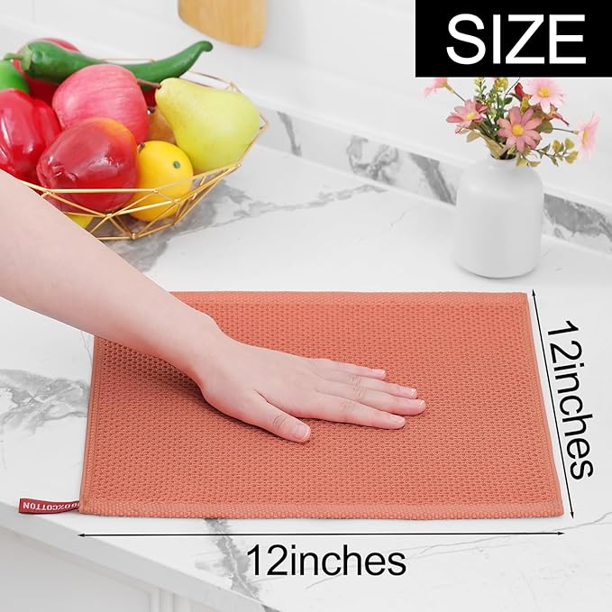 Homaxy 100% Cotton Waffle Weave Kitchen Dish Cloths, Ultra Soft Absorbent Quick Drying Dish Towels, 12 x 12 Inches, 8-Pack, Coral