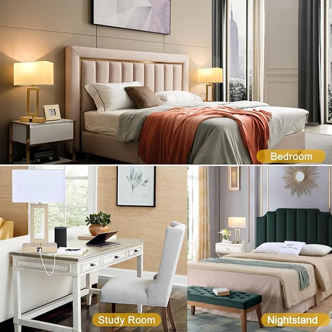 Set of 2 Table Lamps with Dual USB Ports,Touch Control Bedside Lamps Nightstand Lamps for Bedroom, 3-Way Dimmable Modern Desk Lamps Living Room Office, LED Bulbs Included, Gold&White