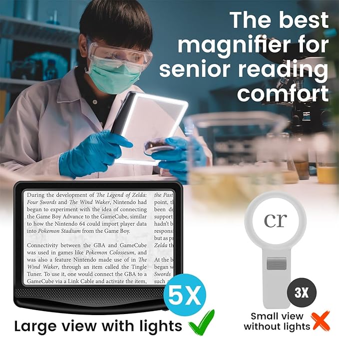 Rechargeable 5X Magnifying Glass for Reading, Large Bright Full Page Magnifier with Light, Handheld LED Dimmable Lighted, Lightweight Book Magnifier for Reading Small Prints Seniors Low Vision