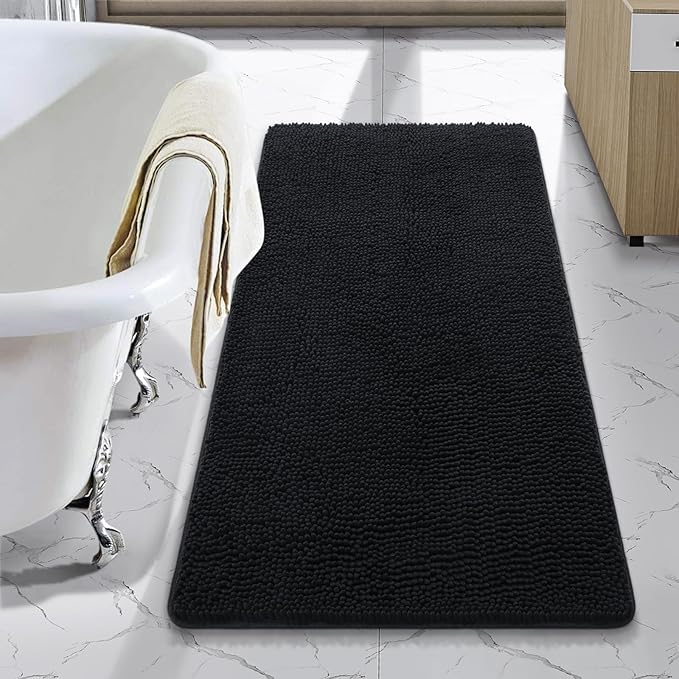 LOCHAS Luxury Bathroom Rug Shaggy Bath Mat 24 x 40 Inch, Washable Non Slip Bath Rugs for Bathroom Shower, Soft Plush Chenille Absorbent Carpets Mats, Black