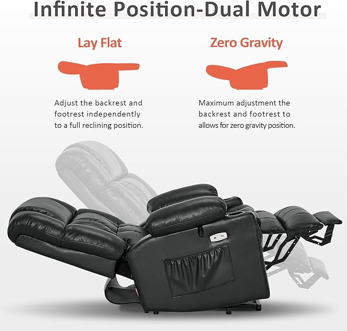 MCombo Dual Motor Large Power Lift Recliner Chair for Elderly, Lay Flat Lift Chair with Heat and Massage, Big Lift Recliner for Tall People, Faux Leather 7896 (Black, Large)
