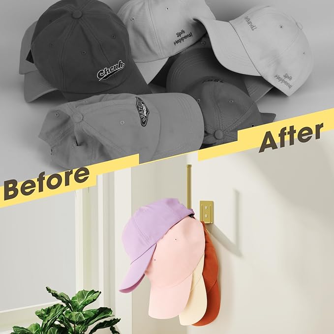 2 Pack Hat Racks for Baseball Caps, Stainless Steel Hat Organizer for Baseball Cap, Hat Holder Storage Organizer, Hat Hanger Strong Adhesive/Wall Drilled for Door, Bedroom, Closet(Gold 6 in)
