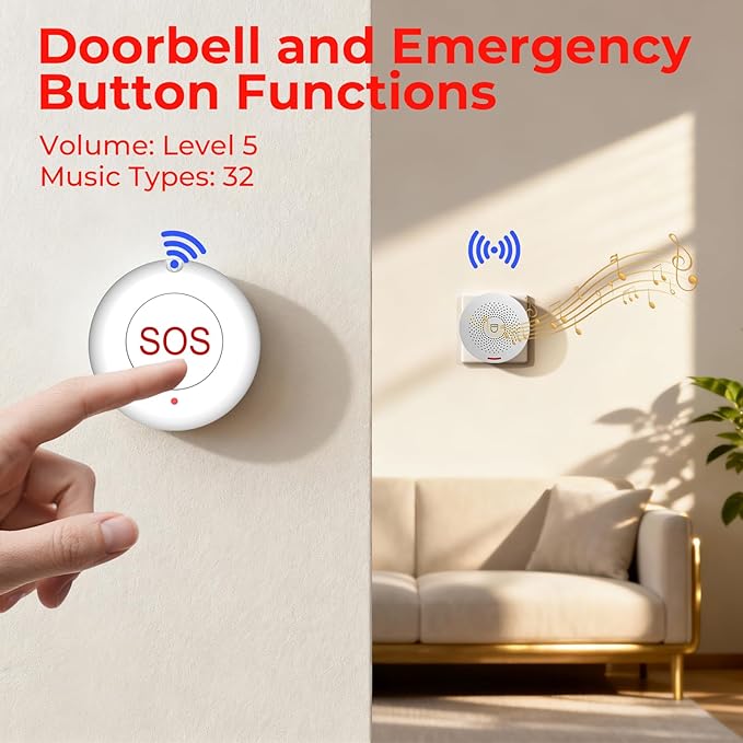 Caregiver Call Button Wireless Call Button for Elderly at Home,WiFi Panic Button,Life Alert Systems for Seniors No Monthly Fee (whiter2)