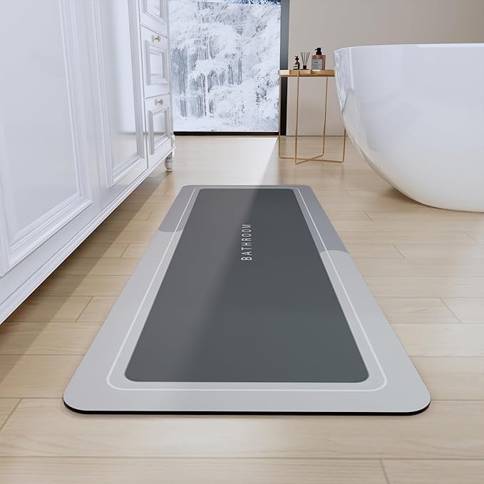 Bath Mat Rugs Non Slip Quick Dry Bathroom Mats Super Absorbent Rubber Bath Mats Fit Under Door, Bathroom Rugs Shower Mat for Bathroom, Bathtub, Shower and Sink (Rectangle Grey, 17"x50")
