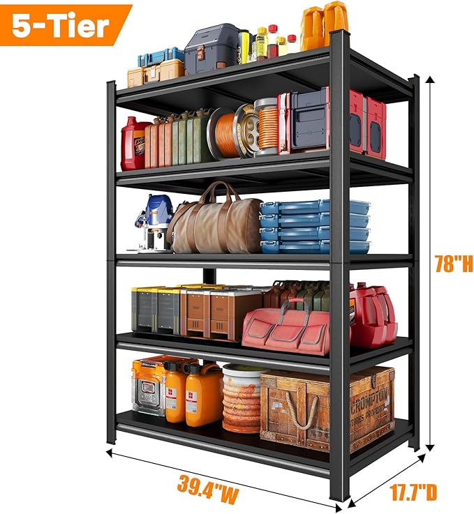 Metal Storage Shelves, 5-Tier 78" H x 39.4" W x 17.7" D Tall Garage Shelving Unit, Heavy Duty & Adjustable, Rust-Resistant Utility Rack for Warehouse, Basement, Pantry