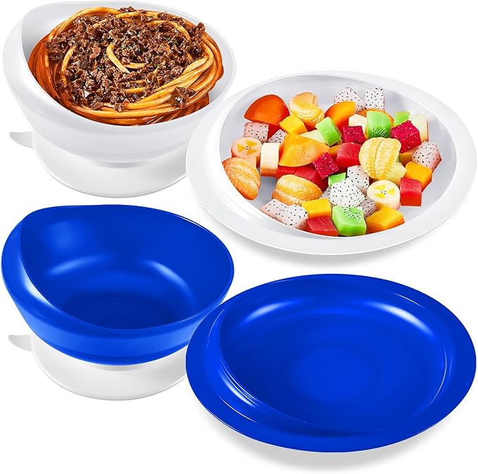 Hushee Adaptive Spill Proof Scoop Bowl and Plate Set with Suction Base Non Skid Self Feed Dinnerware for Elderly Disabled Handicapped from Parkinsons, Dementia, Stroke, Tremor(2 Sets,White and Blue)