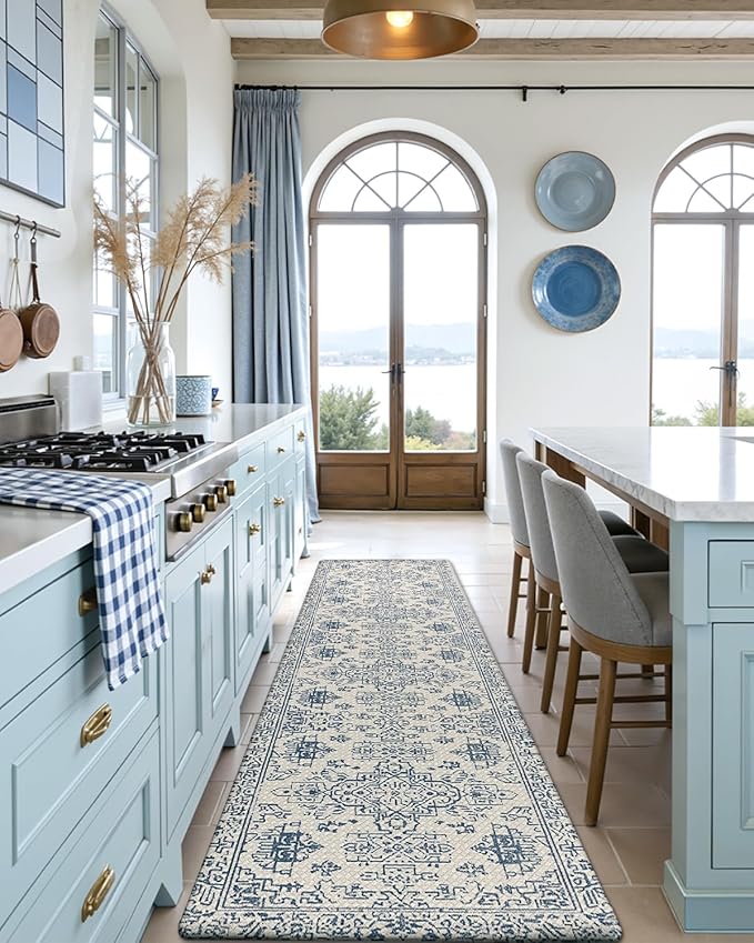 DEXI Kitchen Mats for Floor Cushioned, 23x86 Extra Large Long Runner Rug Non Slip, Waterproof Soft Comfort Standing Padded Anti Fatigue Decorative, Blue White