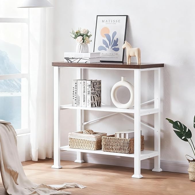 HOMBAZAAR 3 Tier Bookshelf,White Brown Industrial Book Shelf,Engineered Wood and Metal Deep Bookcases,Low Shelf Bookcase for Living Room,Office,Bedroom and Kitchen