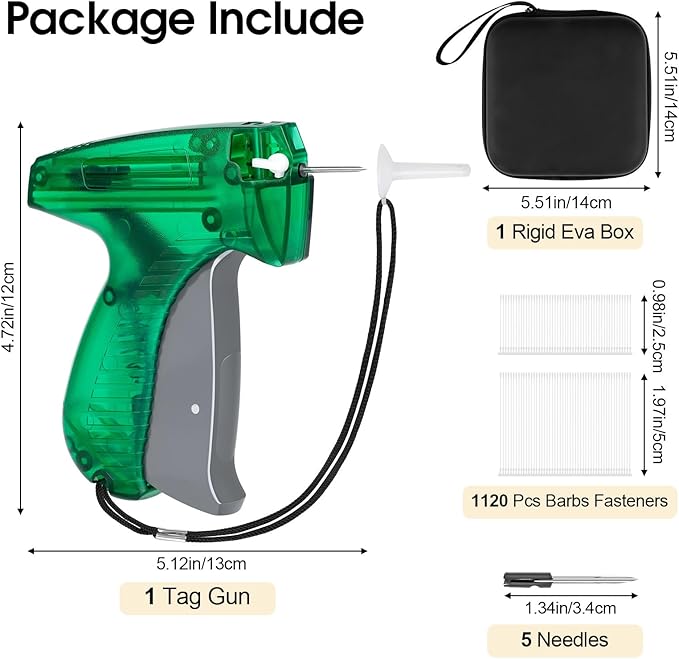 BEVTEE Tagging Gun for Clothing, Green Tag Gun Kit with 5 Needles, 1120 Barbs Fasteners & 1 Hard EVA Case, Durable and Easy to Use Tagging Tool for Clothes, Fabric, Retail Price Tags and DIY