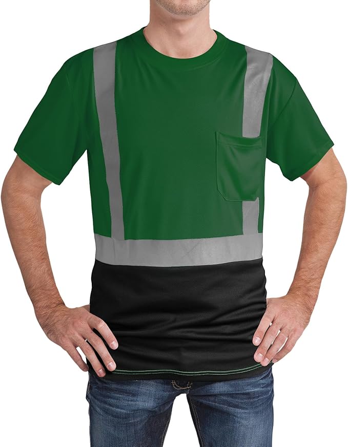 High Visibility Shirts Quick Dry Safety T Shirts with Reflective Strips and Pocket Short Sleeve Mesh Hi Vis Construction Work Class 2 Shirt for Men/Women Black Bottom Green,Small