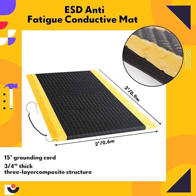 2'x3' Anti-Fatigue Mat ESD Conductive Pad with Ground Wire, Ergonomic Standing Floor Mat Heavy-Duty Diamond Plate Surface for Commercial&Industrial Work, Thick 3/4” Black with Yellow Border