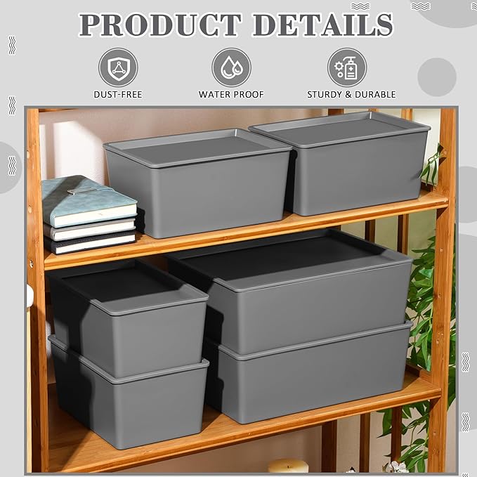 Menkxi 6 Pcs Plastic Storage Bins with Lids Stackable Storage Containers Durable Box Baskets for Organizing Shelves Playroom Classroom Office (Large and Small,Grey)