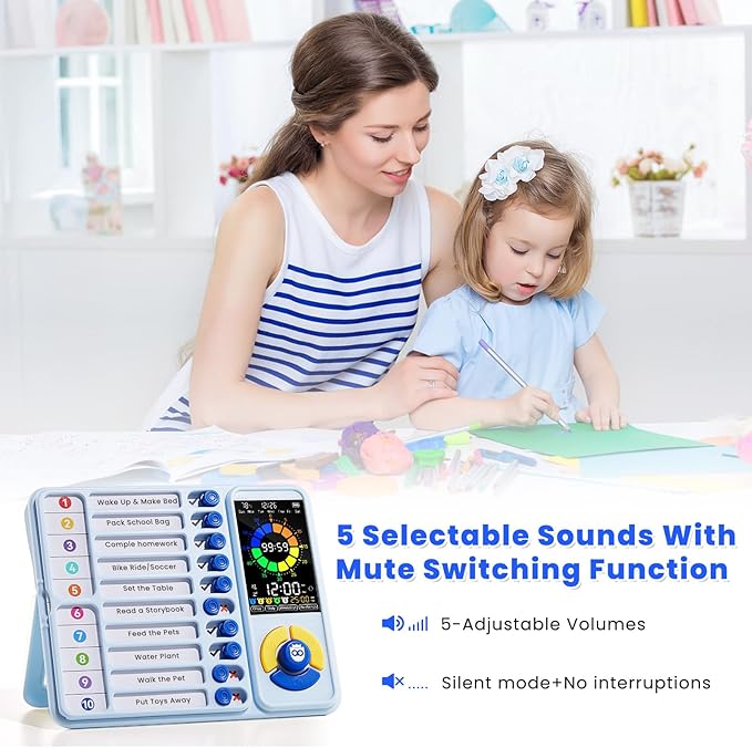 Mooking 5-in-1 Visual Timer, ADHD Tool for Kids|Adults, Visual Schedule for Kids with Autism, 12/24 Task Timer & Chore Chart Board, ADHD Tools with Daily Checklist for Home, School, Classroom - Blue