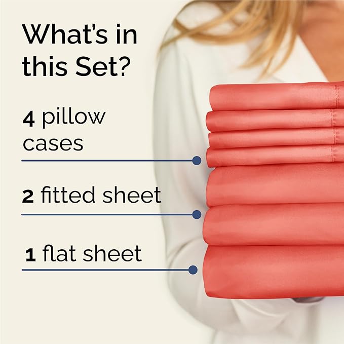 Split King 7 Piece Sheet Set - Cooling & Breathable Bed Sheets - Hotel Luxury Bed Sheets for Women, Men, Kids & Teens - Deep Pocket Bedding w/Easy Fit - Soft & Wrinkle Free - Split King Coral Sheets