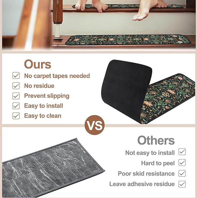 OJIA Floral Stair Treads Non-Slip Stair Runner for Wooden Steps Indoor 15PCS 30"x8" Carpet Stair Treads Stair Mats Staircase Step Treads for Kids, Elders and Dogs, Stair Covers, Black