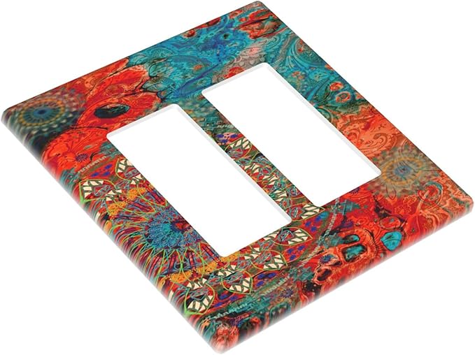 Abstract Ombre Colorful Indian Mandala Double Rocker Light Switch Cover 2 Gang Dual Outlet Covers Wall Plate Decorative GFCI Switchplate Electrical Faceplate for Livingroom Bedroom Bathroom Decor