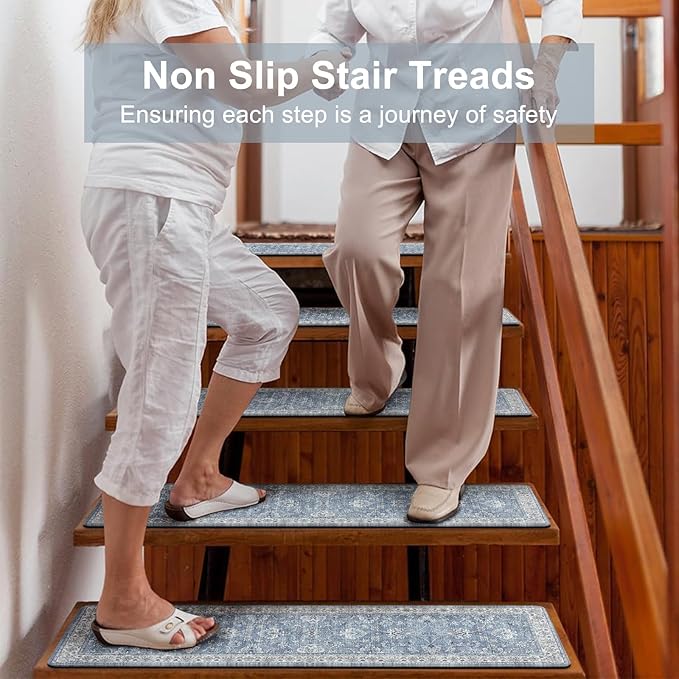 OJIA Non-Slip Stair Treads - 30"x8" Washable Carpet Stair Treads with Slip Resistant Rubber Backing for Kids, Elders and Dogs, 4PCS, Blue
