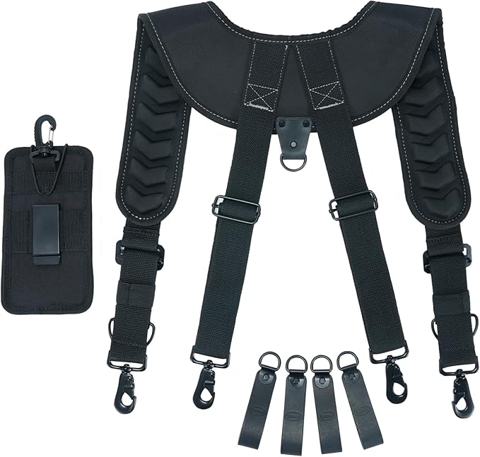 KUNN Leather Tool Belt Suspenders Construction Bag Suspenders Molded Air Channel Work Belt Suspender for Carpenter Electrician,Black