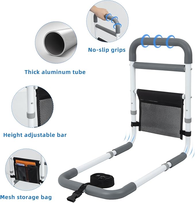 Bed Rails for Elderly Adults - 350LBS Heavy Duty Bed Assist Rail with Non-Slip Bedside Handle, Fall Prevention Safety Cane with Storage Pocket for Seniors, Fits King/Queen/Full/Twin Beds
